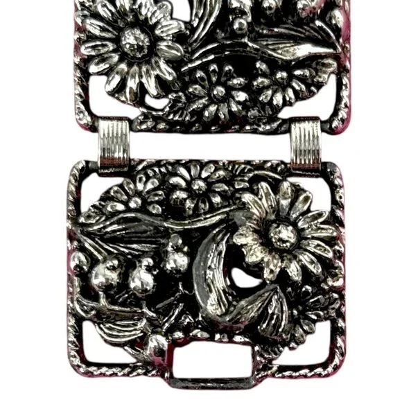 Vintage Sarah Coventry Floral SilverTone Panel Bracelet Antique Garden Sunflower - Picture 9 of 13